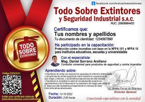 Certificado de la capacitación Protección contra incendios con base en la NFPA 101 y NFPA 10 para institutos educativos, escuelas y universidades