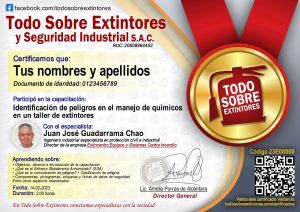 Certificado de la capacitación Identificación de peligros en el manejo de químicos en un taller de extintores