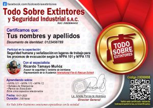 Certificado de la capacitación Seguridad humana y señalización en lugares de trabajo para los procesos de evacuación según la NFPA 101 y NFPA 170