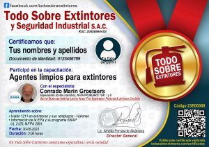 Certificado de la capacitación Agentes límpios para extintores