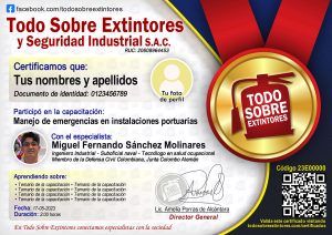 Certificado de la capacitación Manejo de emergencias en instalaciones portuarias