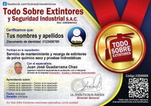 Certificado de la capacitación Servicio de mantenimiento y recarga de extintores de polvo químico seco y pruebas hidrostáticas