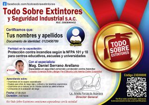 Certificado de la capacitación Protección contra incendios según la NFPA 101 y NFPA 10 para institutos educativos, escuelas y universidades