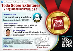 Certificado de la capacitación Seguridad eléctrica basada en la NFPA 70E y supresión de incendios eléctricos