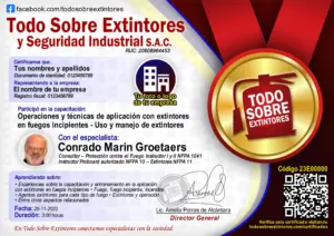Certificado de la capacitación Operación y técnicas de aplicación con extintores en fuegos incipientes – Uso y manejo de extintores