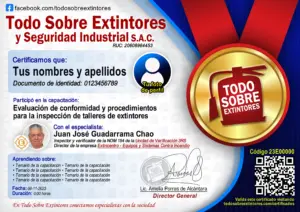 Certificado de la capacitación Evaluación de conformidad y procedimientos para la inspección de talleres de extintores