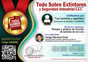 Certificado de la capacitación Riesgos y peligros de Incendio de Baterías Ion Litio
