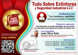 Certificado de la capacitación Procedimientos de prueba hidrostática de alta presión y de continuidad a las mangueras de dióxido de carbono CO2