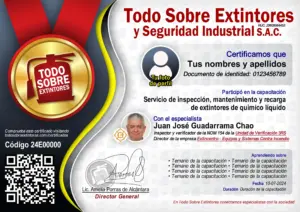 Certificado de la capacitación Servicio de inspección mantenimiento y recarga de extintores de químico líquido