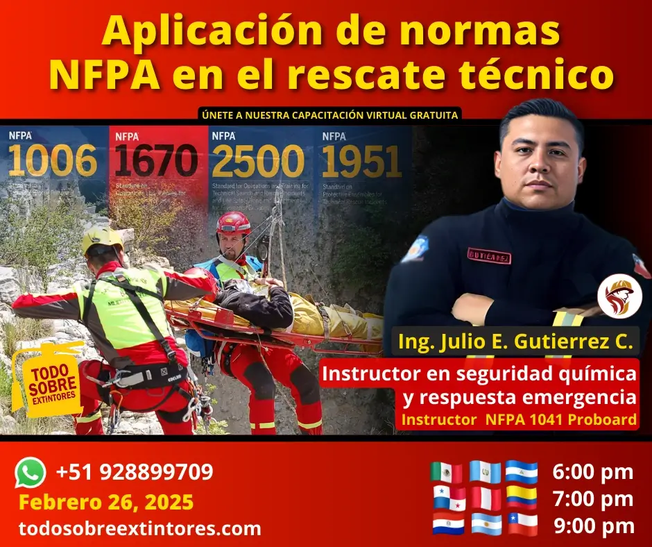 Capacitación gratuita vía Zoom titulada Aplicación de las normas NFPA en el rescate técnico la cual se realizará el miércoles 26 de febrero en la plataforma de todosobreextintores.com