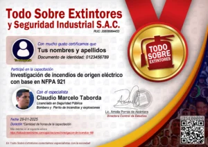 Certificado de la capacitación Investigación de incendios de origen eléctrico con base en NFPA 921