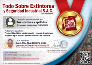 Certificado de la capacitación Prueba hidrostática, mantenimiento y recarga de extintores a base de agua, espuma y químico líquido wet chemical