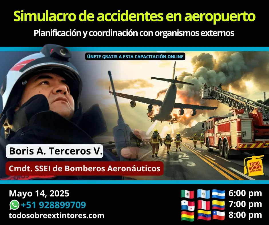 Capacitación virtual gratuita vía Zoom titulada Planificación y coordinación con organismos externos para el simulacro de accidentes aéreos en el aeropuerto que se realizará el miércoles 14 de mayo en la plataforma www.todosobreextintores.com