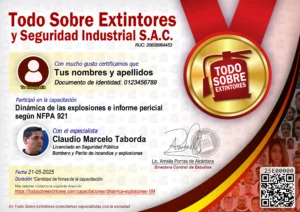 Certificado de la capacitación Dinámica de las explosiones e informe pericial según NFPA 921