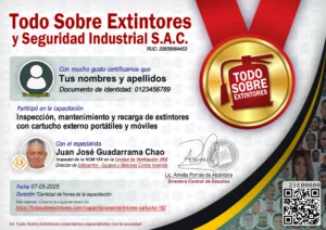 Certificado de la capacitación Servicio de inspección, mantenimiento y recarga de extintores con cartucho externo portátiles y móviles