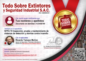 Certificado de la capacitación NFPA 72 Inspección, prueba y mantenimiento de sistemas de detección y alarmas contra incendio