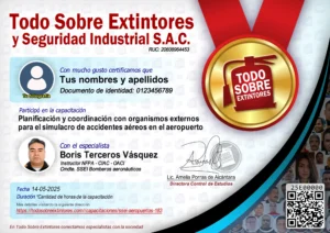 Certificado de la capacitación Planificación y coordinación con la ayuda mutua para el simulacro de accidentes aéreos en el aeropuerto