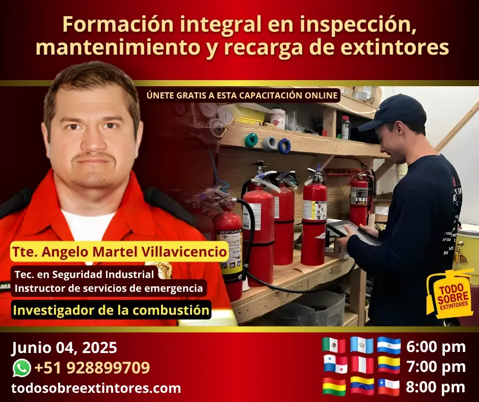 Capacitación virtual gratuita vía Zoom titulada Formación integral en inspección, mantenimiento y recarga de extintores que se realizará el miércoles 04 de junio en la plataforma de todosobreextintores. com
