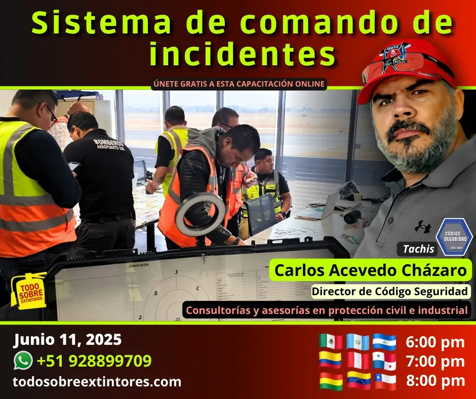 Capacitación virtual gratuita vía Zoom titulada Sistema de comando de incidentes que se realizará el miércoles 11 de junio en la plataforma todosobreextintores.com