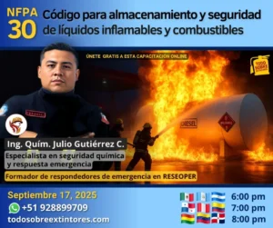 Capacitación virtual gratuita vía zoom titulada NFPA 30 Código para almacenamiento y seguridad de líquidos inflamables y combustibles que se realizará el miércoles 17 de septiembre en la plataforma https://todosobreextintores.com
