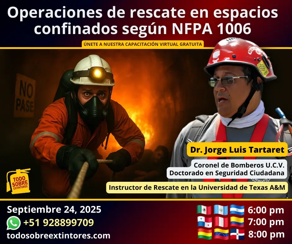 Capacitación virtual gratuita vía Zoom titulada: Operaciones de rescate en espacios confinados según NFPA 1006 que se realizará el miércoles 24 de septiembre en la plataforma de https://todosobreextintores.com Únete al grupo whatsapp de tu país aquí: https://todosobreextintores.com/whatsapp