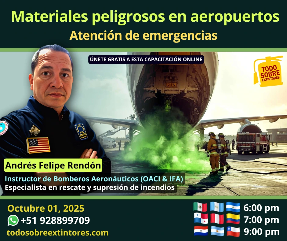 Capacitación virtual gratuita vía Zoom titulada Atención de emergencias con materiales peligrosos en aeropuerto que se realizará el miércoles 01 de octubre en la plataforma de https://todosobreextintores.com