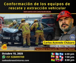 Capacitación virtual gratuita titulada Conformación de los equipos de rescate y extracción vehicular que se realizará el miércoles 15 de octubre de 2025