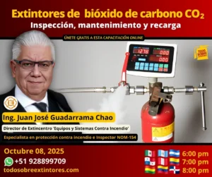 Capacitación virtual gratuita vía Zoom titulada Recarga de extintores de bióxido de carbono C02 que se realizará el miércoles 08 de octubre en la plataforma https://todosobreextintores.com