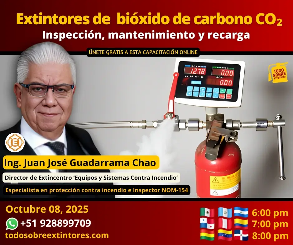 Capacitación virtual gratuita vía Zoom titulada Recarga de extintores de bióxido de carbono C02 que se realizará el miércoles 08 de octubre en la plataforma https://todosobreextintores.com