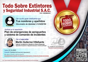 Certificado de la capacitación Plan de Emergencias de Aeropuerto y Sistema de Comando de Incidentes
