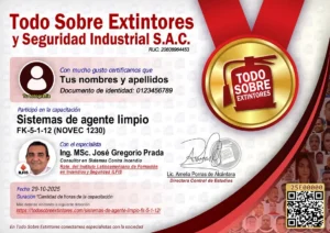 Certificado de la capacitación Sistemas de agente limpio FK-5-1-12 (NOVEC 1230)