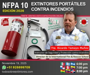 Capacitación virtual gratuita vía Zoom titulada NFPA 10 Extintores portátiles contra incendios, que se realizará el miércoles 19 de noviembre en la plataforma de https://todosobreextintores.com