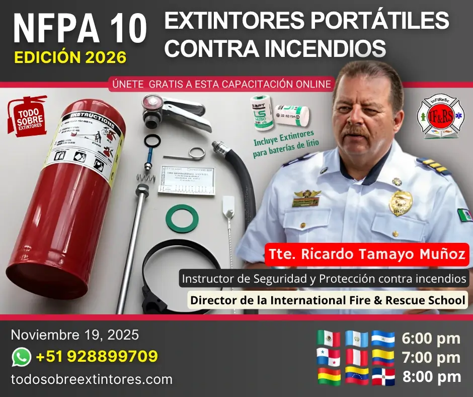 Capacitación virtual gratuita vía Zoom titulada NFPA 10 Extintores portátiles contra incendios, que se realizará el miércoles 19 de noviembre en la plataforma de https://todosobreextintores.com