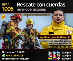 Capacitación virtual gratuita vía Zoom titulada Rescate con cuerdas nivel operaciones con base en la NFPA 1006 que se realizará el miércoles 12 de noviembre en la plataforma https://todosobreextintores.com
