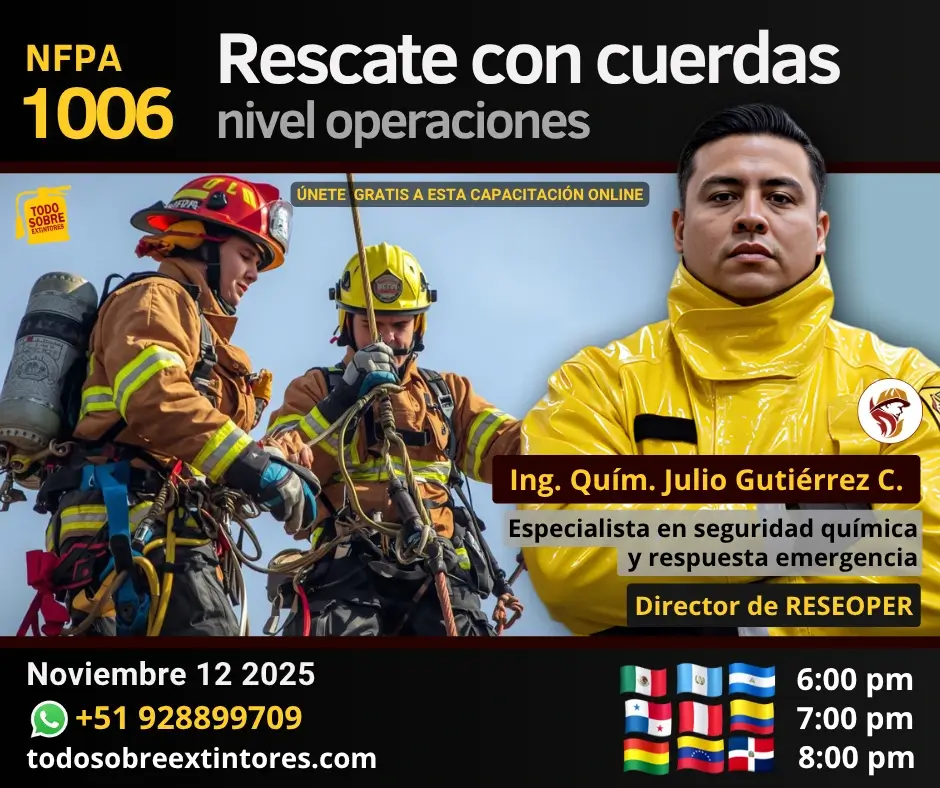 Capacitación virtual gratuita vía Zoom titulada Rescate con cuerdas nivel operaciones con base en la NFPA 1006 que se realizará el miércoles 12 de noviembre en la plataforma https://todosobreextintores.com
