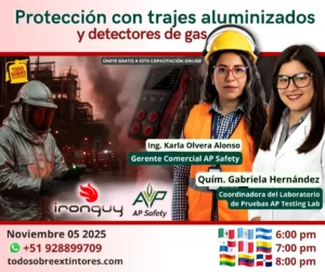 Capacitación virtual gratuita vía Zoom titulada Protección con trajes aluminizados y detectores de gas que se realizará el miércoles 05 de noviembre en la plataforma https://todosobreextintores.com/whatsapp