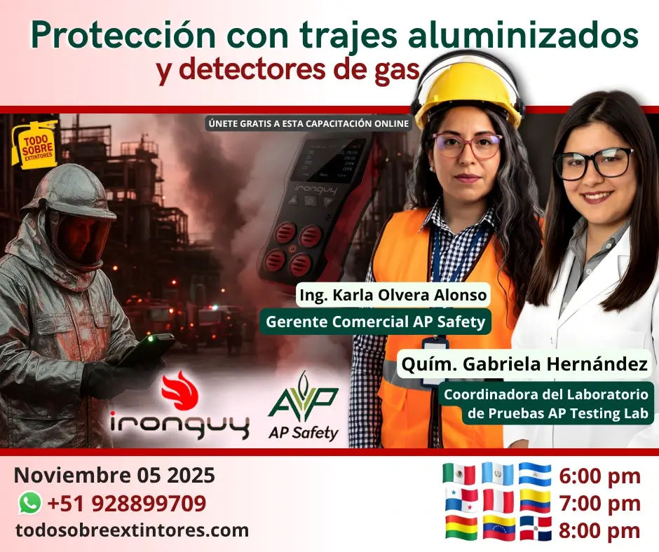 Capacitación virtual gratuita vía Zoom titulada Protección con trajes aluminizados y detectores de gas que se realizará el miércoles 05 de noviembre en la plataforma https://todosobreextintores.com/whatsapp