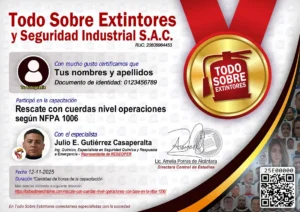 Certificado de la capacitación Rescate con cuerdas nivel operaciones con base en la NFPA 1006