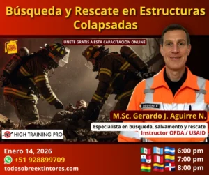 Capacitación virtual gratuita titulada: Búsqueda y rescate en estructuras colapsadas que se realizará el miércoles 14 de enero en la plataforma https://todosobreextintores.com