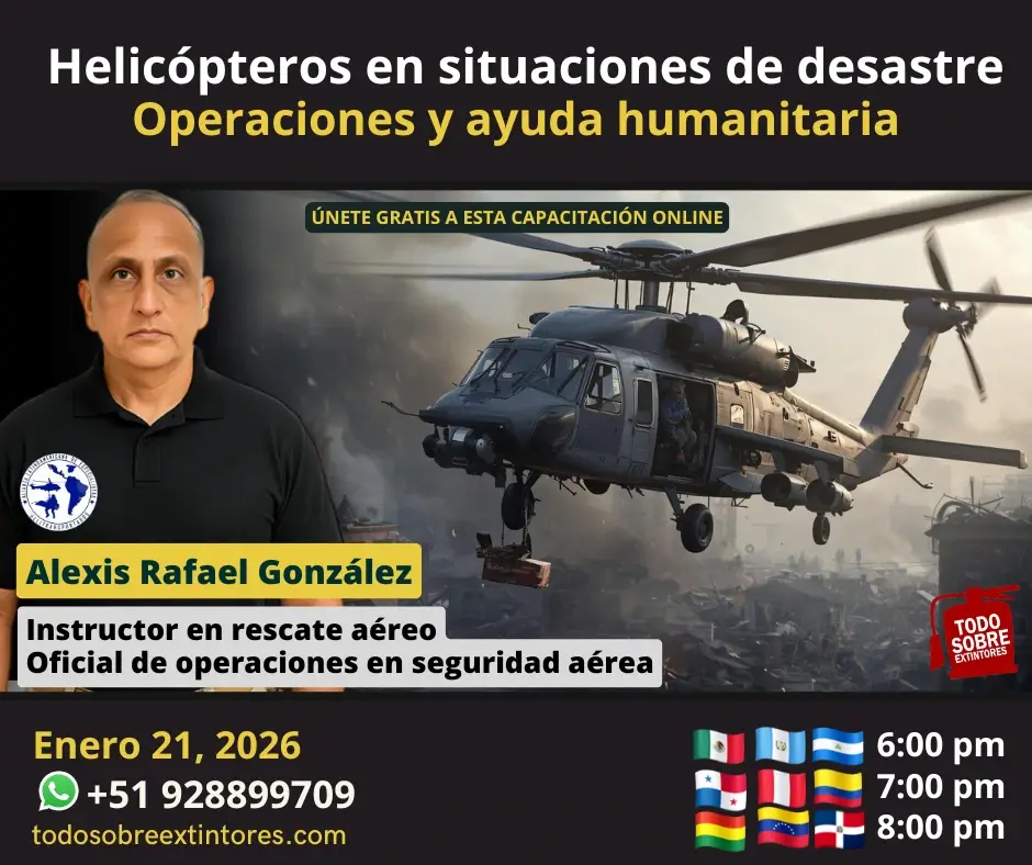 Capacitacion virtual gratuita vía Zoom titulada Operaciones con helicópteros en situaciones de desastre y ayuda humanitaria que se realizará el miércoles 21 de enero en la plataforma https://todosobreextintores.com