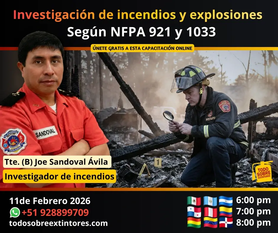 Capacitación virtual gratuita vía zoom titulada Investigación de incendios y explosiones según la NFPA 921 y 1033 que se realizará el 11 de febrero en la plataforma de https://todosobreextintores.com