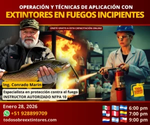 Capacitación virtual gratuita vía Zoom titulada Operación y técnicas de aplicación con extintores en fuegos incipientes - Uso y manejo de extintores que se realizará el miércoles 28 de enero en la plataforma https://todosobreextintores.com