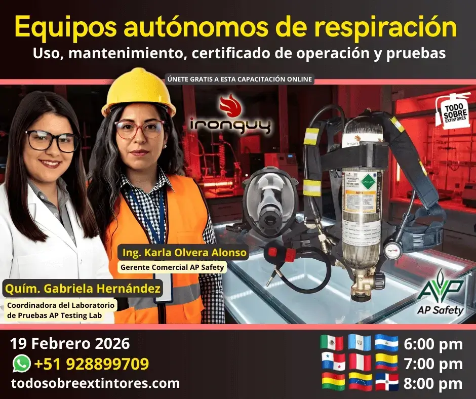 Capacitación virtual gratuita titulada Equipos de Respiración autónomo - Uso, mantenimiento, certificado de operación y pruebas el día 19 de febrero en la plataforma https://todosobreextintores.com