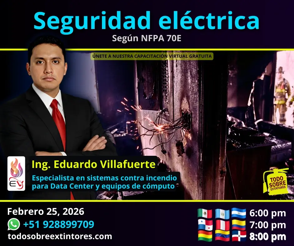 Capacitación virtual gratuita vía Zoom titulada Seguridad eléctrica segun NFPA 70E que se realizará el miércoles 25 de febrero en la plataforma https://todosobreextintores.com
