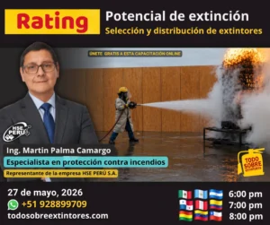 Capacitación gratuita vía Zoom titulada Rating - Aplicación del potencial de extinción para la selección y distribución de extintores portátiles, que se realizará el miércoles 27 de mayo en la plataforma de https://todosobreextintores.com