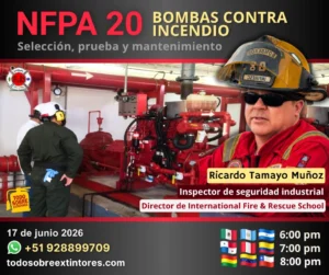 Capacitación gratuita vía Zoom titulada Bombas contra incendio NFPA 20 que se realizará en la platafrma https://todosobreextintores.com/