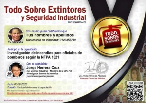 Certificado de la capacitación Investigación de incendios para oficiales de bomberos segun la NFPA 1021