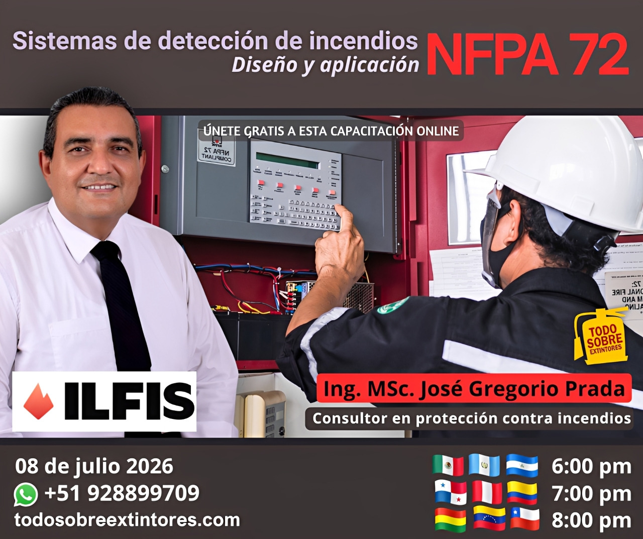 Capacitación virtual gratuita vía Zoom titulada Diseño de sistemas de detección y notificación de incendios según NFPA 72 que se realizará en la plataforma https://todosobreextintores.com