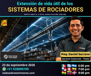 Capacitación virtual gratuita vía Zoom titulada Extensión de vida útil de los sistemas de rociadores que se realizará en la plataforma https://todosobreextintores.com