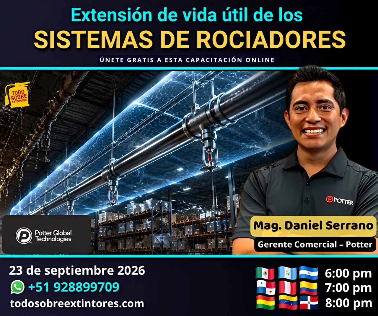 Capacitación virtual gratuita vía Zoom titulada Extensión de vida útil de los sistemas de rociadores que se realizará en la plataforma https://todosobreextintores.com
